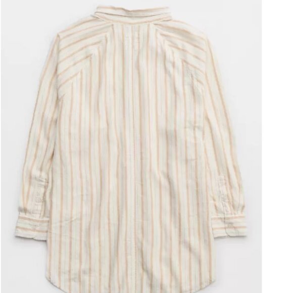 Linen Blend Oversized Button Down Shirt - Tan Vertical Stripes - Picture 8 of 11